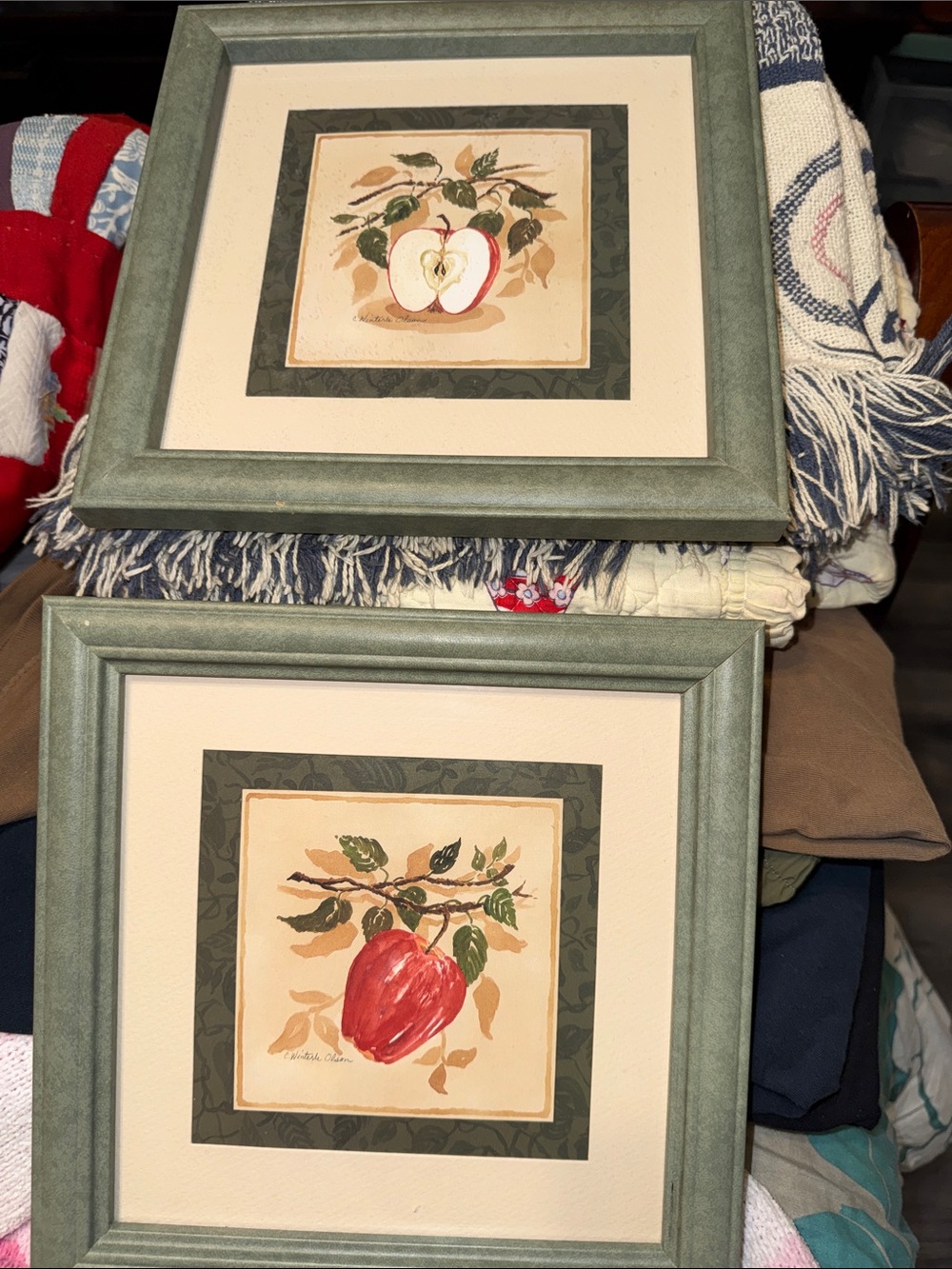 Set of 2 Framed Apple Botanical Prints - Green Frames
